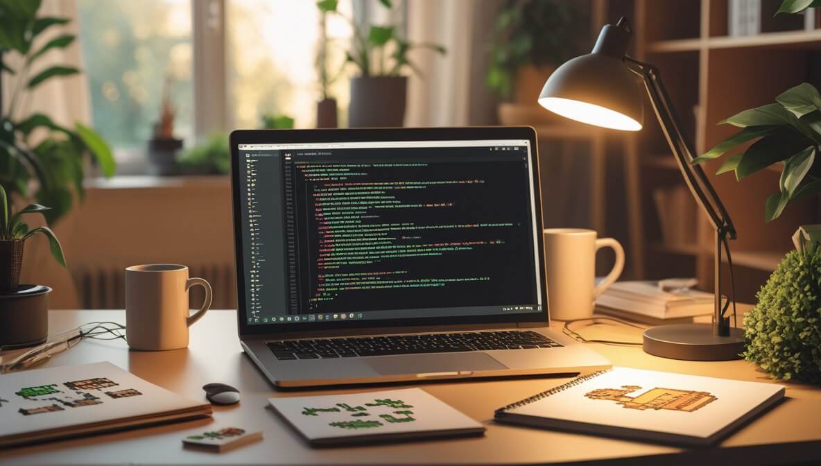 Wooden table in a cozy living room environment with laptop displaying java code