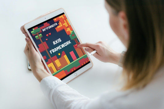 Girl learning java with tablet displaying Java game development course "Axis Framework"