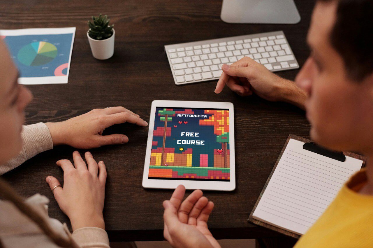 People learning with tablet displaying Java game development course "Free Course"