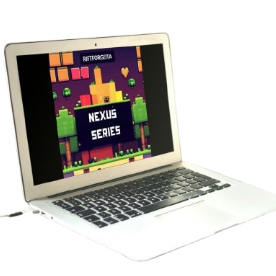 Laptop mockup displaying Java game development course "Nexus Series"