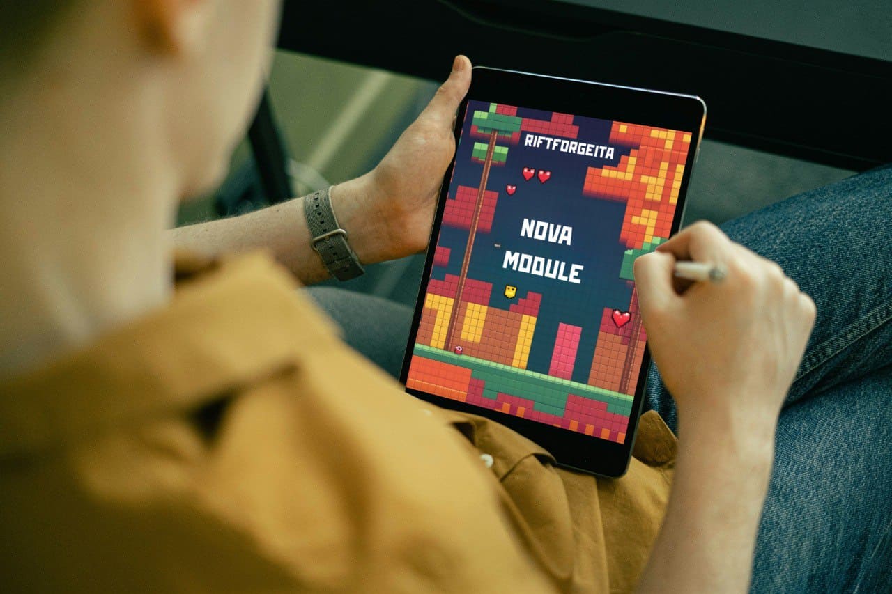 Tablet displaying Java game development course "Nova Module"