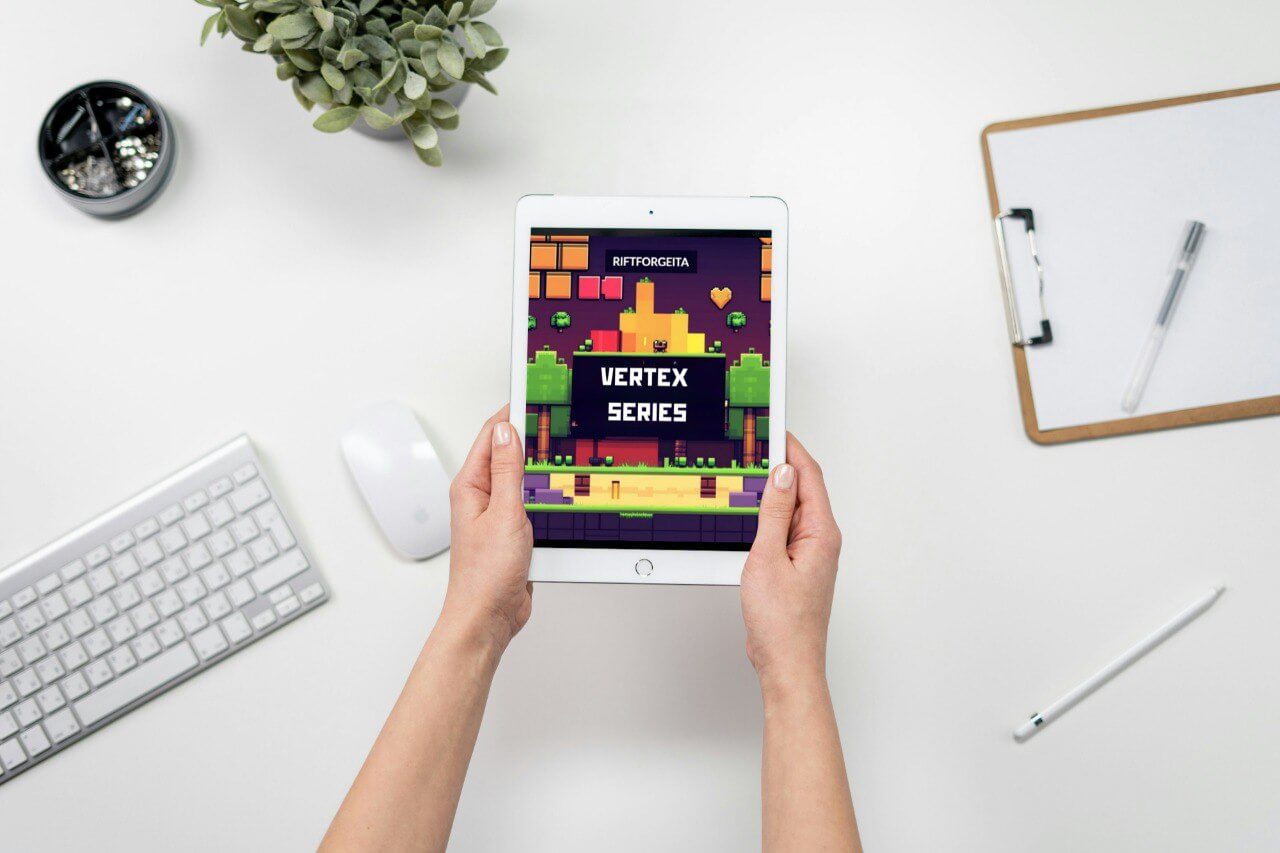 Tablet displaying Java game development course "Vertex Series"